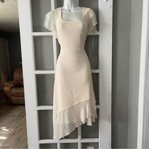 St. John Evening Asymmetrical Dress with Sheer Sleeves